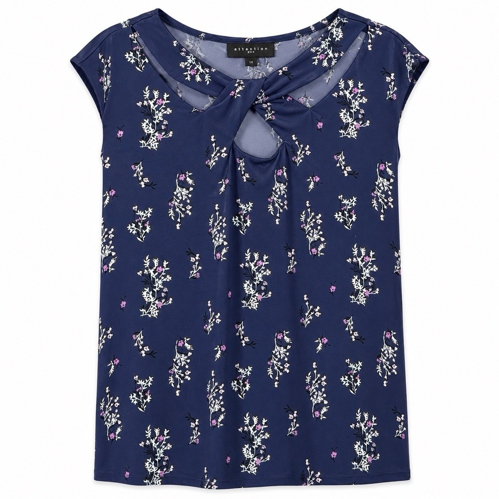 Attention Plus Women's Top 2X Blue Floral Print Twist Neck Cap Sleeve Knit Shirt